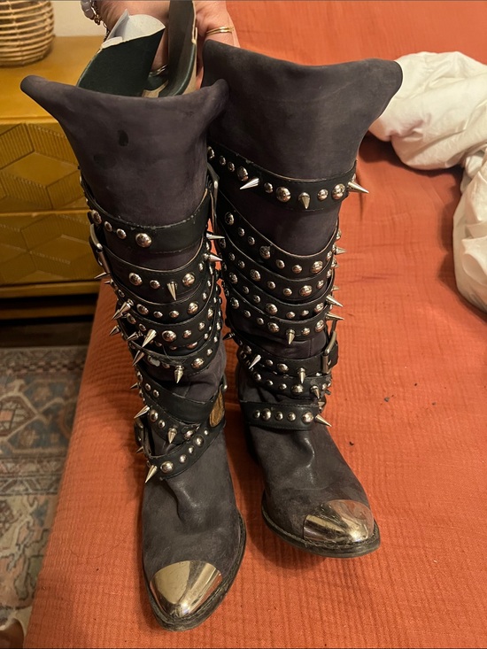 Jeffrey Campbell Shoes - Jeffrey Campbell Black Studded Buckle Mid-Calf Boots with Metallic Toe